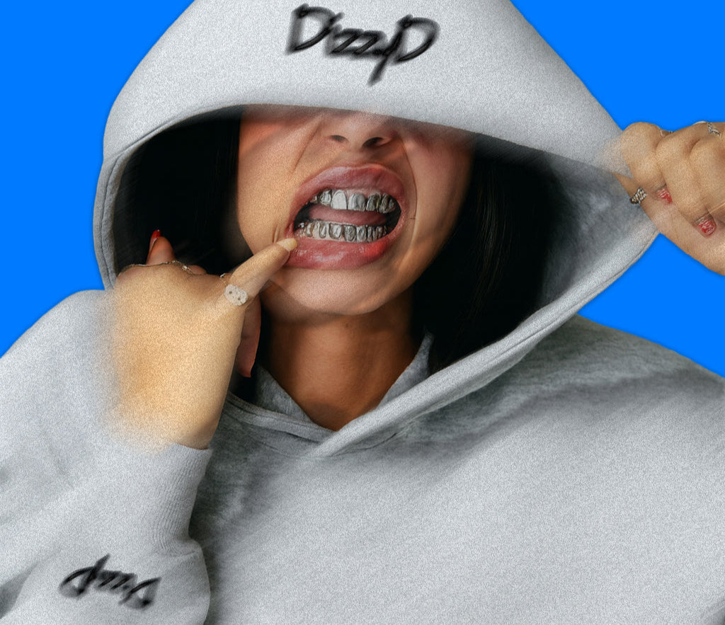 Wearing the gray DizzyD hoodie.